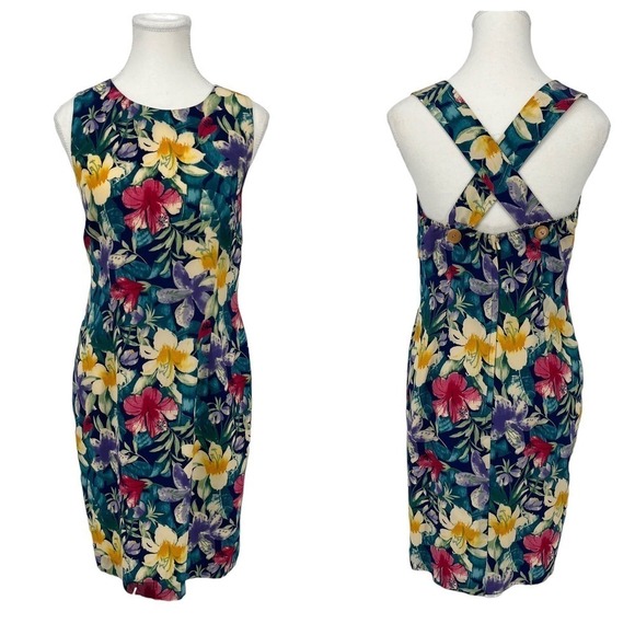 Vintage Dresses & Skirts - Vintage Maggy London Silk Mini Dress Hawaiian Tropical Floral Colorful 8 Petite